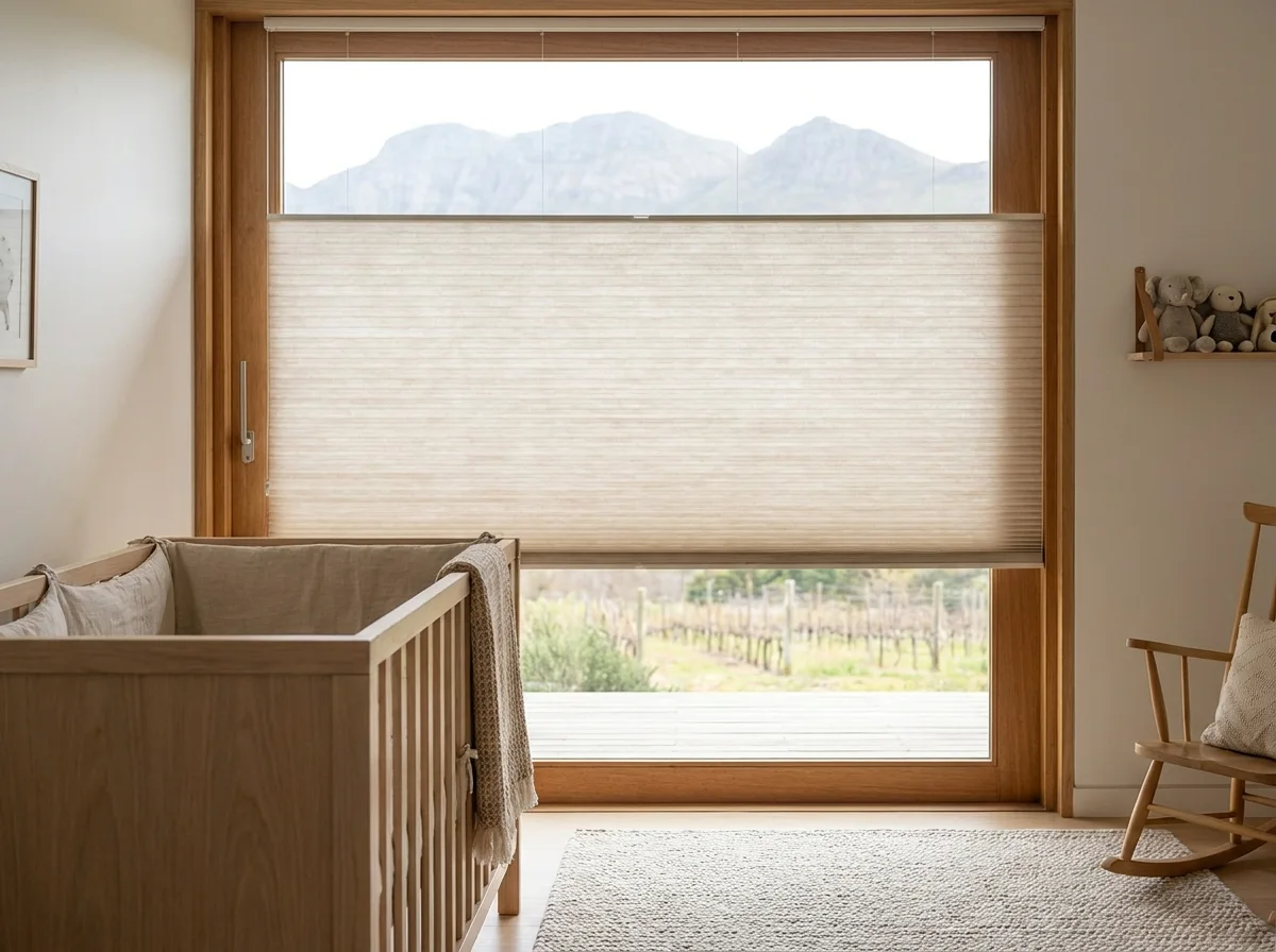 Cellular honeycomb blind softening light in a nursery bedroom in a Paradyskloof mountainside home