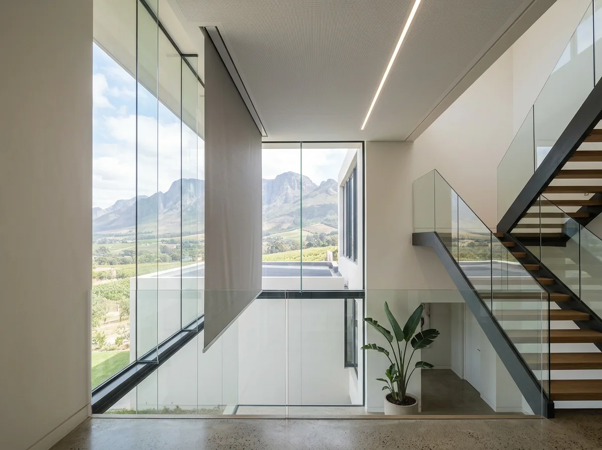 Concealed ceiling-recessed blind dropping in a double-volume stairwell void in a Paradyskloof mountainside home