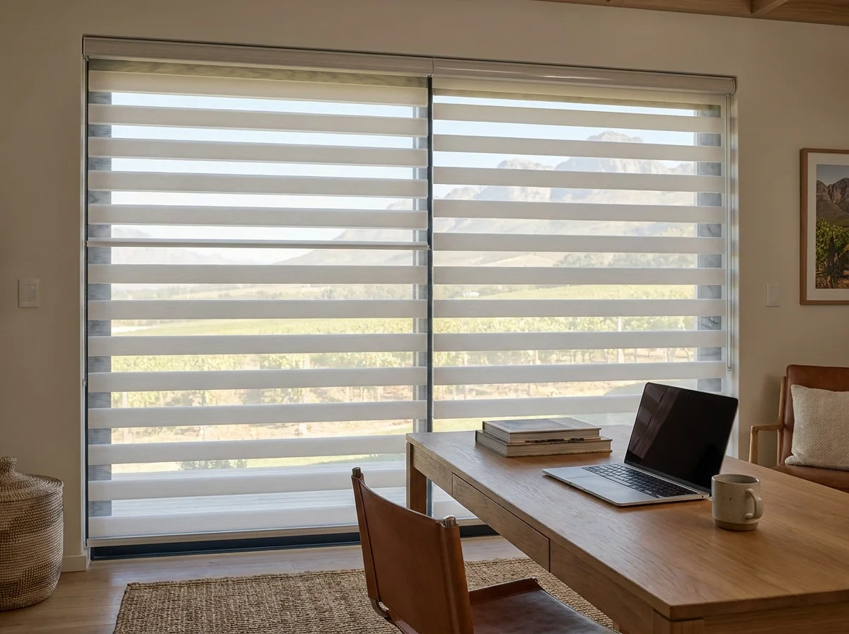 Day and night zebra blind filtering light into a home office in a Paradyskloof mountainside house