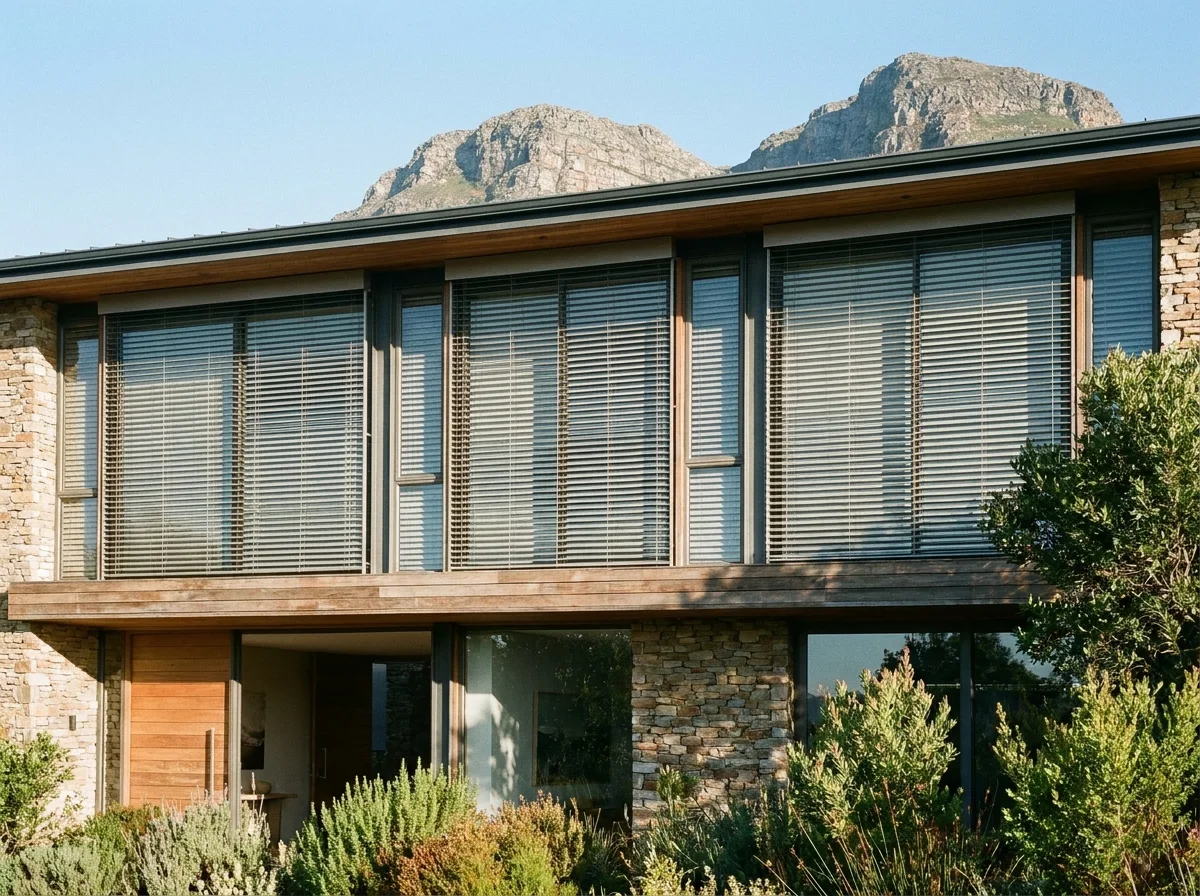 Motorised external aluminium venetian blinds fitted across an upper-storey facade of a Paradyskloof mountainside home, Stellenbosch Mountain behind