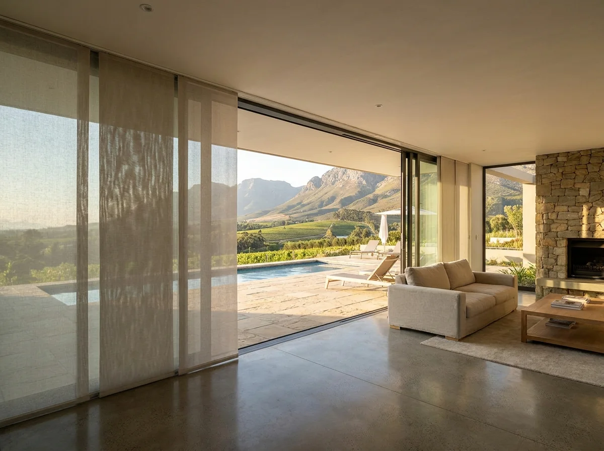 Wide panel-glide blinds drawn across sliding doors onto a pool terrace in a Paradyskloof mountainside home