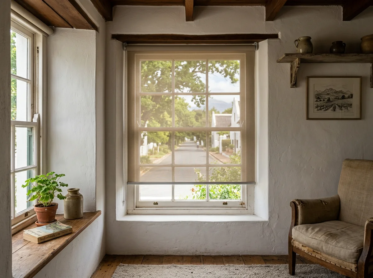 Sunscreen roller blind lowered over a sash-style window in a character Mostertsdrift cottage near Stellenbosch town centre