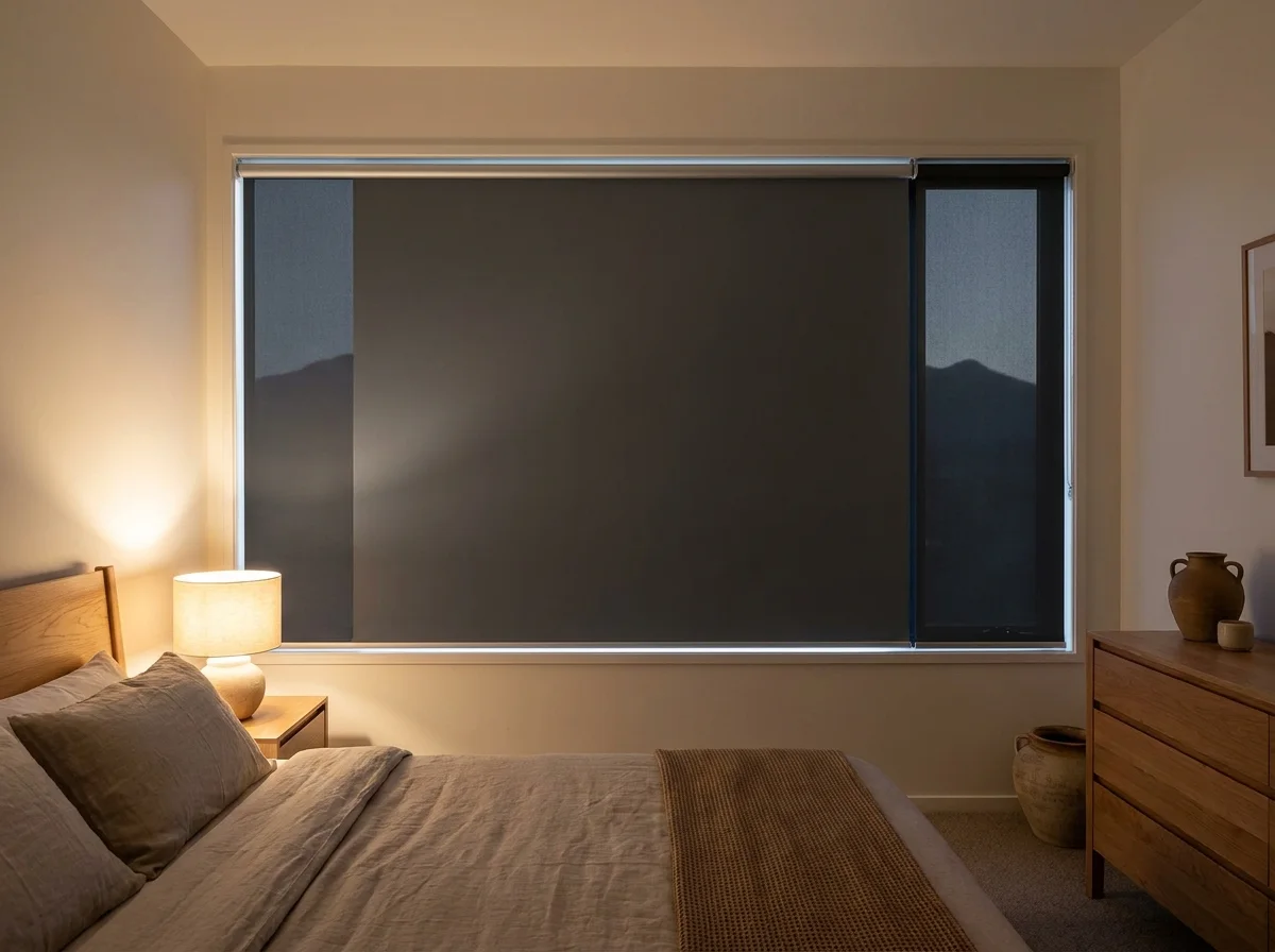 Blockout roller blind lowered over a bedroom window in a Paradyskloof mountainside home