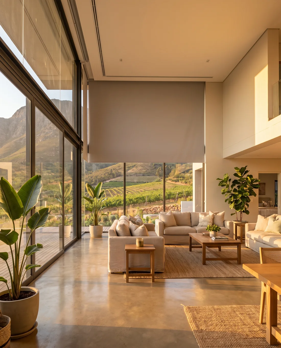 Concealed ceiling-recessed blind dropping in a double-volume lounge with a frameless glass wall in a Paradyskloof home, mountain and vineyard view beyond