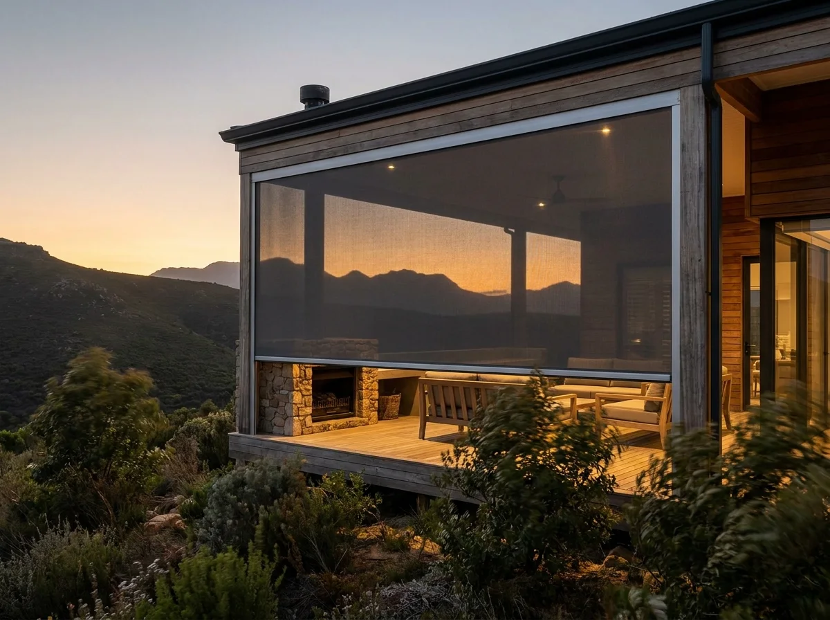 Zip-track outdoor screen enclosing a deck against evening mountain wind on a Paradyskloof mountainside home